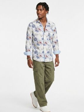 Allen Flusser Linen Cotton Floral Button Down Collared Shirt Long Sleeve Mens L